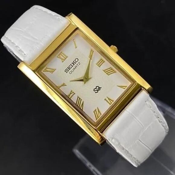 Vintage Style Seiko Quartz Mens Gold Watch & White  accents W/ Leather Strap - Picture 5 of 8